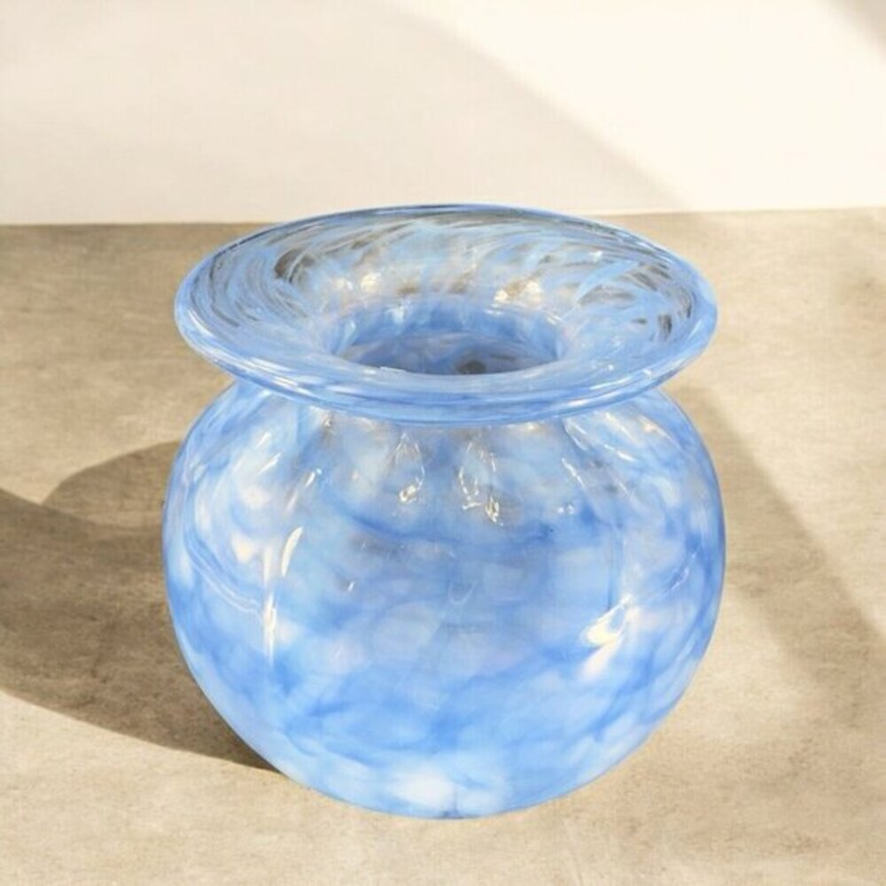 Bohemian Art Glass Vase Signed Sandy Pratati Hand‎ Blown Glass Vessel Blue White